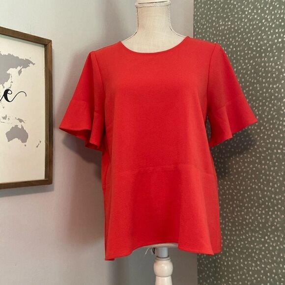 Madewell Red Orange Flutter Short Sleeve Lightweight Blouse Size Medium - Picture 1 of 8